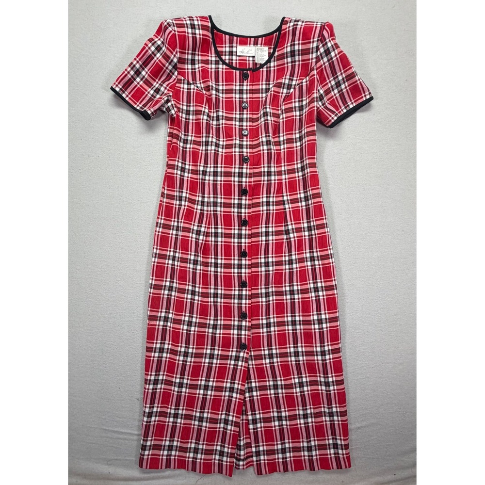 Kathie Lee Midi Dress Womens 10 Red Plaid Button Front Back Tie Vintage 90s